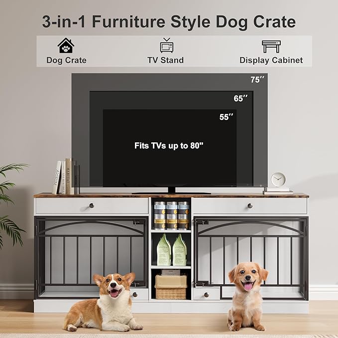 IDEALHOUSE 78.7" Double Dog Crate Furniture with Storage and 2 Doors, Dog Kennel Indoor with Feeding Bowls, Wood Dog Crate TV Stand for Small Medium Dogs, White