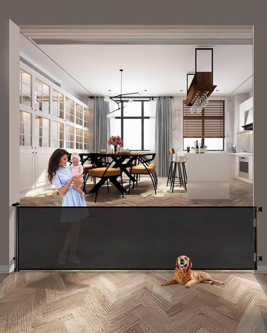 118 Inch Extra Wide Retractable Baby Gate,Mesh Large Gate or Mesh Pet Dog Gate, Opening Wide Extra Long Child Safety Gate for Indoor Baby Fence, Outdoor, Stairs, Deck (Black)