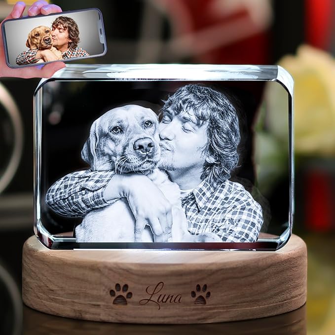 Personalized Pet 3D Crystal Photo,Pet Memorial Gifts for Dogs Cats Horses，Custom 3D Pictures,Engraved Crystal in Memory of Dog, Customized Photo Gifts