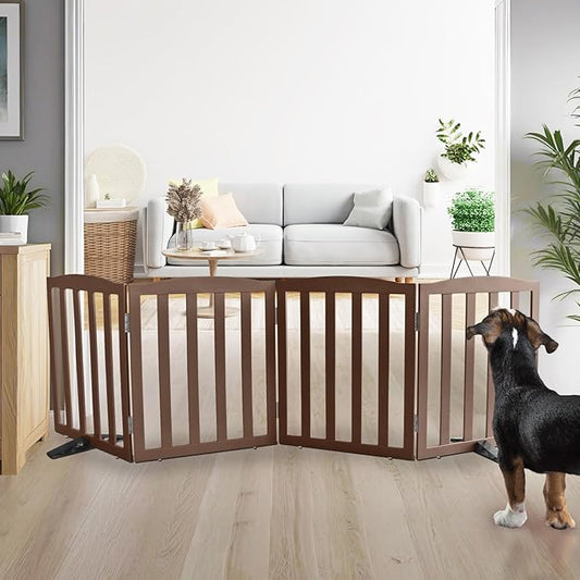 ZJSF Foldable Freestanding Indoor Dog Gate for House Wood Long Pet Gates Dog Fence for Stairs Puppy Gates for Hallways, Puppy Gate,Support Feet Included, Brown, 24 "Height-4 Panels