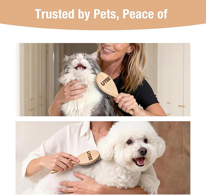 UTEE Professional Pin Brush for Long-Haired Dogs & Cats - Anti-Static Beechwood Grooming Brush with Massage Tips - Gentle De-tangling for Silky Coats & Sensitive Skin