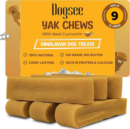 Dogsee Himalayan Yak Chews with Turmeric/Curcumin 3lb (XL - 9 Bars) | for Large Dogs | Dog Treats for Large Dogs | Help Alleviate Joint Pain | Rawhide-Free | Anti Inflamatory