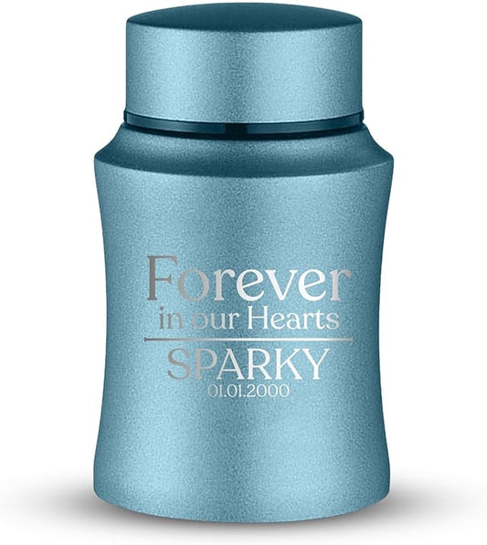 Customized Small Keepsake Urn Personalized Engraved with Pet Name, Date, and Dog Design - 4" Steel Cremation Mini Compact Urn for Dogs Ashes | 5–10 Lbs Capacity | Powder Blue, Forever in Our Hearts