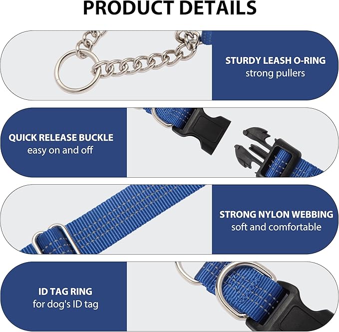 Martingale Dog Collar with Quick Release Buckle Steel Chain No Pull Training Reflective Collar for Medium Large Dogs(Blue, Large)