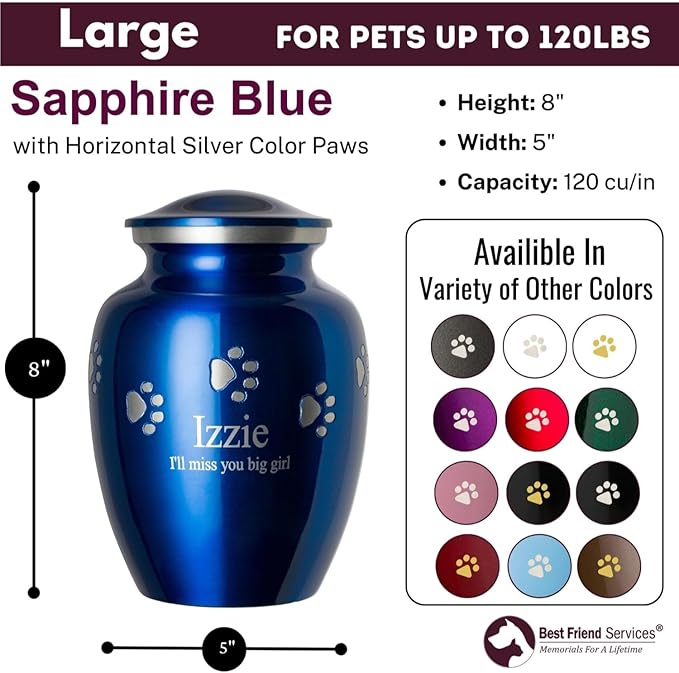 Ottillie Paws Premier Series Pet Urn for Dogs with Personalized Laser Engraving (Large - Pets up to 115 lbs, Sapphire Blue with Horizontal Pewter Paws)