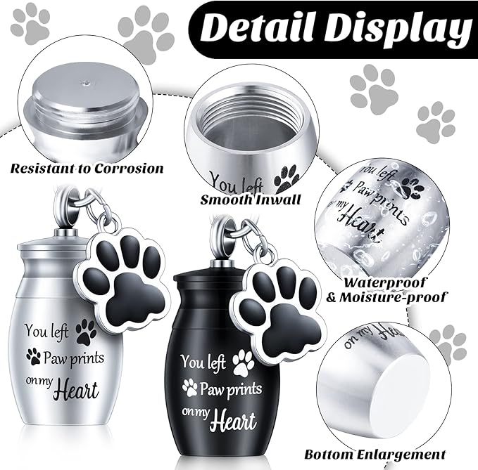 Tudomro 2 Pcs Pet Dog Urns Keychain for Ashes with 2 Storage Bags Small Cat Cremation Keepsake Jewelry Paw Print Memorial Urn