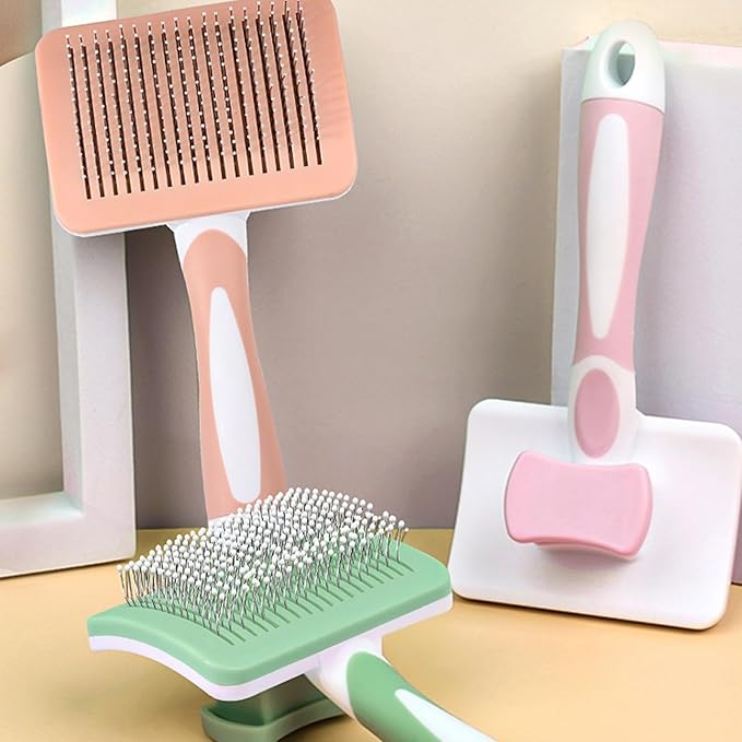 Self Cleaning Slicker Brush for Dogs & Cats, Easy One-Click Self-Cleaning Pet Grooming Brush, Skin-Friendly Deshedding Brush Removes Loose Fur & Undercoat for Long & Short Haired Pets, Green