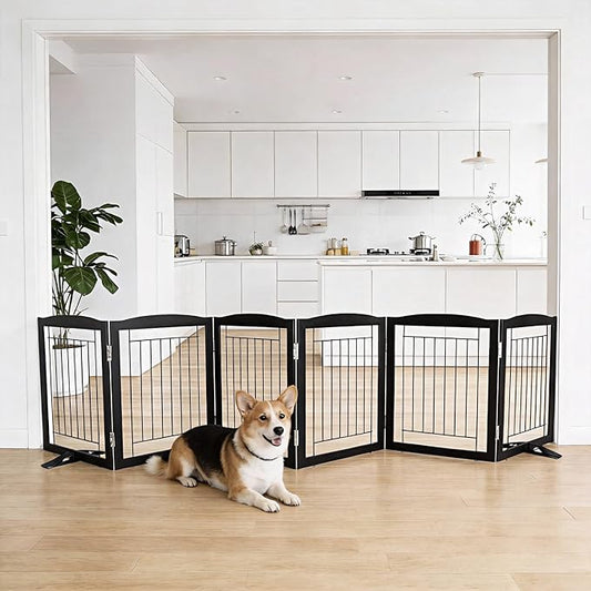 Dog Fence Indoor,Dog Gate Indoor for Doorway pet gate -6-Panel Freestanding, Hallways, House or Stairs -120x24-Inch Retractable Foldable Expandable Wood Pet by SFJC (Black) ﻿