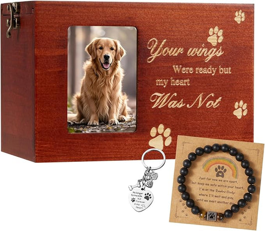 Pet Urns for Dog or Cat Ashes Sets Pet Cremation Urns Medium Wooden Keepsake Memory Box with Photo Frame with Black Flannel Lining Rainbow Bridge Keepsake Loss Pet Memorial Remembrance Gift