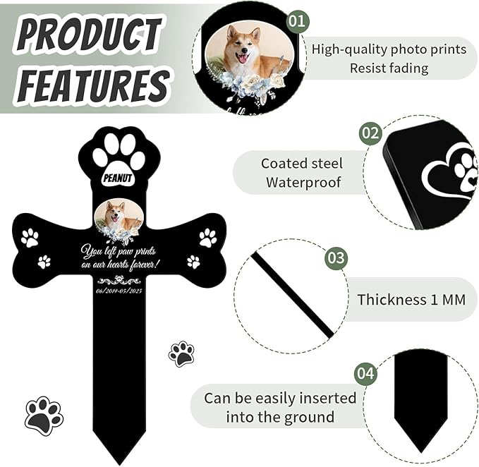 Custom Pet Grave Markers Dog Outdoor, Personalized Pet Cross Grave Marker with Name and Date, Weatherproof Dog Headstone for Graves Outdoor Garden Yard, Pet Tombstones Sympathy Gift for Pet Loss