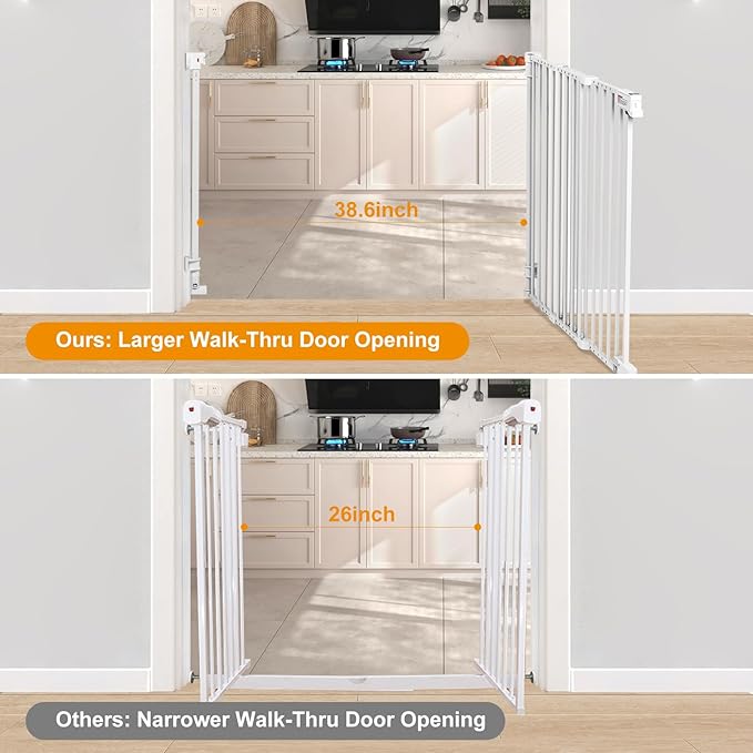 No Bottom Bar Baby Gate, 37 inch Tall Cat Pet Gate for Doorway, Adjustable 27.5in- 43 in Dog Gate with Large Walk Thru Door (White, 37inch)