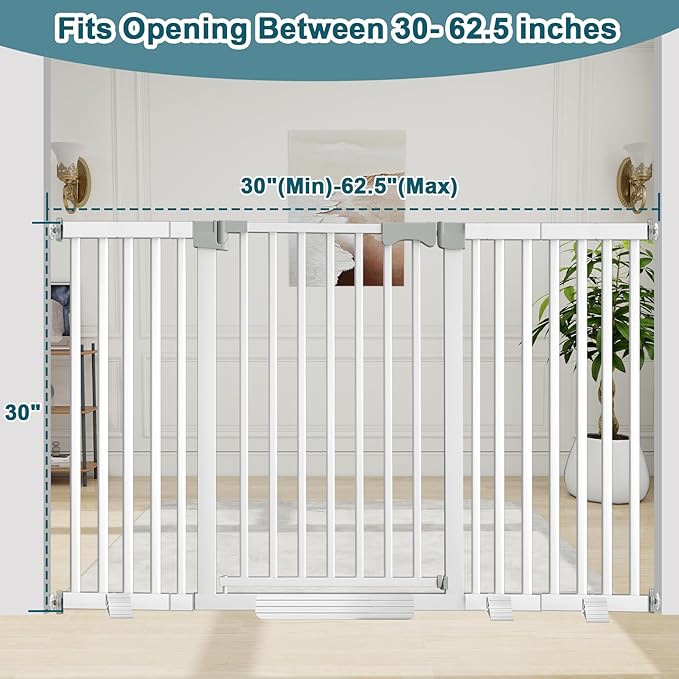 41" Extra Tall Dog Gate Indoor,30-62.5" Wide Heavy Duty Pet Gate for Doorways,Baby Gate with Walk Through and Auto Close, Pressure Mounted, Suitable for Stairs,Kitchen,White