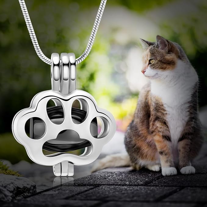 Pet Cremation Jewelry for Ashes Paw Memorial Locket Urn Necklace Keepsake Cremation Jewelry for Dog/Cat (Silver-Black)
