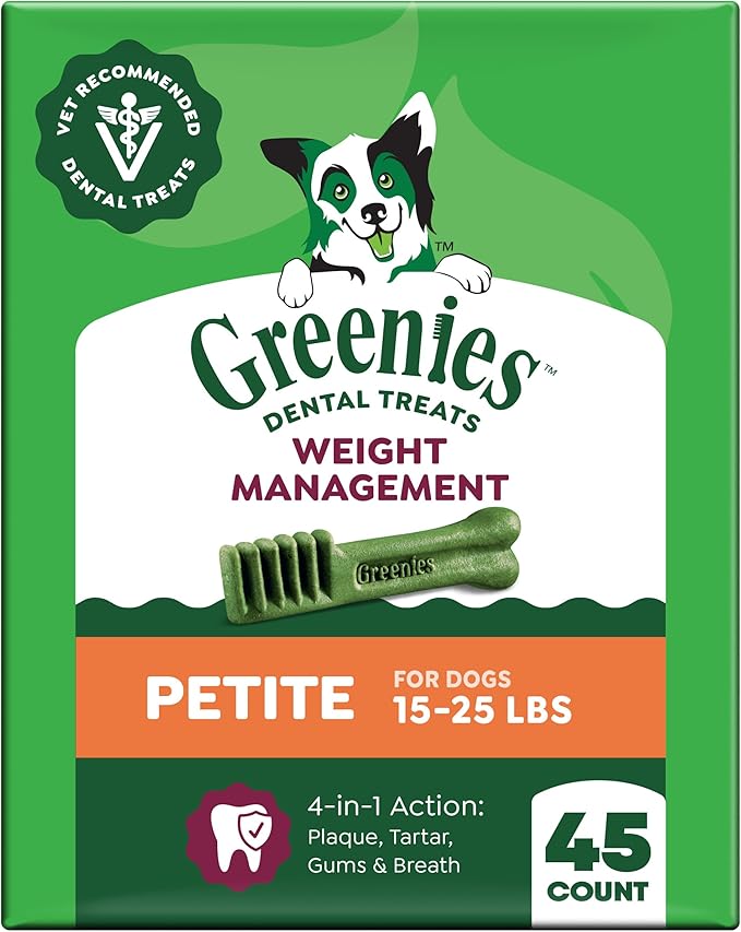Greenies Veterinarian-Recommended Adult Natural Dental Dog Treats Petite Size, Weight Management Dog Dental Chews, 27 oz. Pack, 45 Count