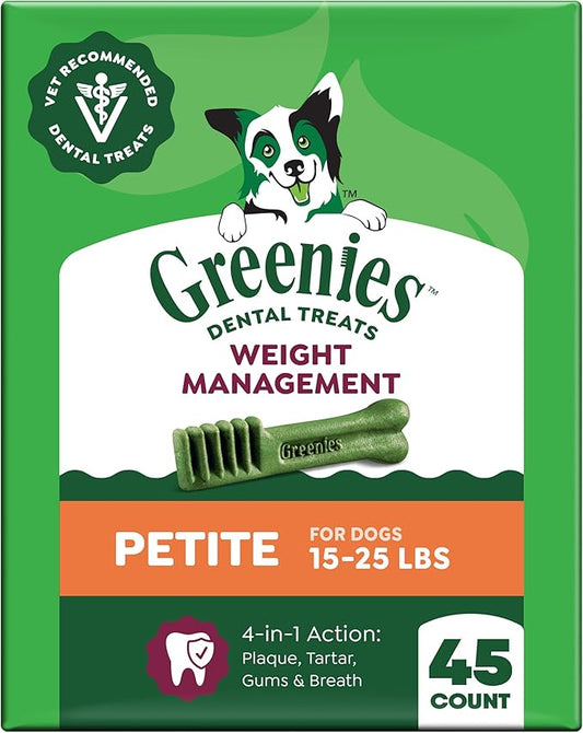 Greenies Veterinarian-Recommended Adult Natural Dental Dog Treats Petite Size, Weight Management Dog Dental Chews, 27 oz. Pack, 45 Count