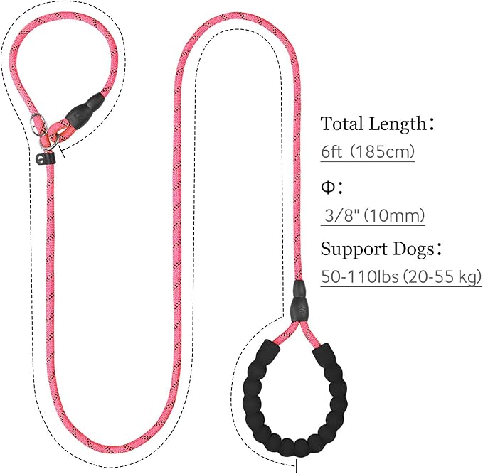 TagME Slip Leads for Dogs that Pull, 6 FT No-Pull Training Leash with Lock, Escape-Proof Design, Reflective & Padded Handle for Medium Dogs, Pink