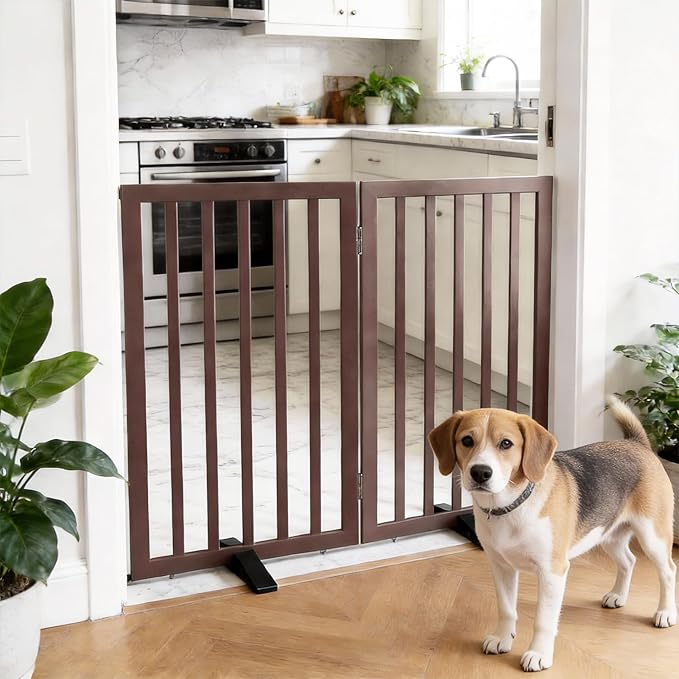 Dog Gate Indoor, Freestanding Dog Fence for The House, Doorways, Hallways,or Stairs,Pet Gate Foldable Wooden,Expandable 32" Height 2 Panels,Brown