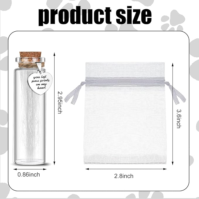 Nuenen 2 Pcs Pet Memorial Hair Keepsake Pet Fur Glass Bottle with Heart Shape Ornaments and White Organza Bags Pets Passing Away Funerary Bereavement Remembrance Loss Sympathy Gift for Dog Cat Ashes