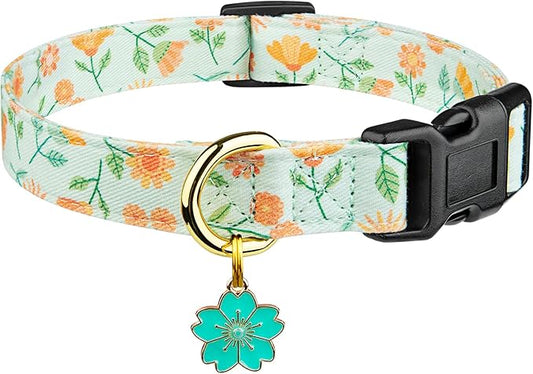 Cotton Handmade Dog Collar Cute and Distinctive Patterns Green Sunflower with Pendant for Girl Boy Dogs Collars L
