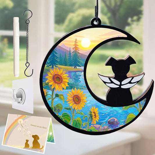 Dog Angel Memorial Suncatcher with Rainbow Bridge Poem Card, Pet Sympathy Gifts for Loss of Dog, Sunflowers