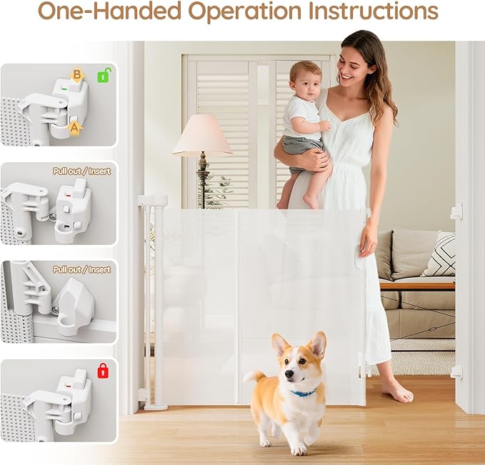 One-Hand Operation Retractable Baby Gates, 120 inch Retractable Gate with Reinforced Strip Design to Prevent Crawling Through, 10 FT Extra Wide Retractable Dog Gate for Indoor/Outdoor