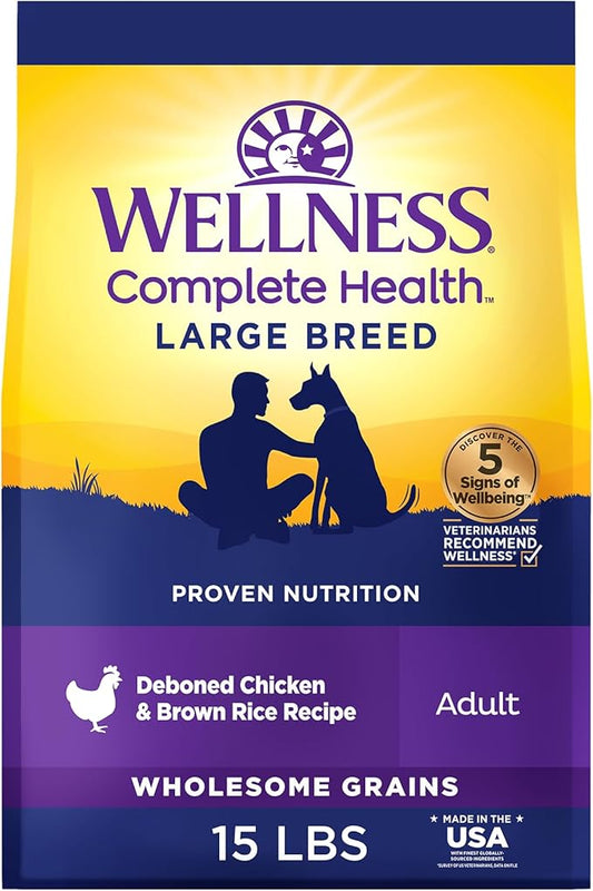 Wellness Complete Health Dry Dog Food, Large Breed, Wholesome Grains, Natural, Chicken & Brown Rice Recipe, (15-Pound Bag)