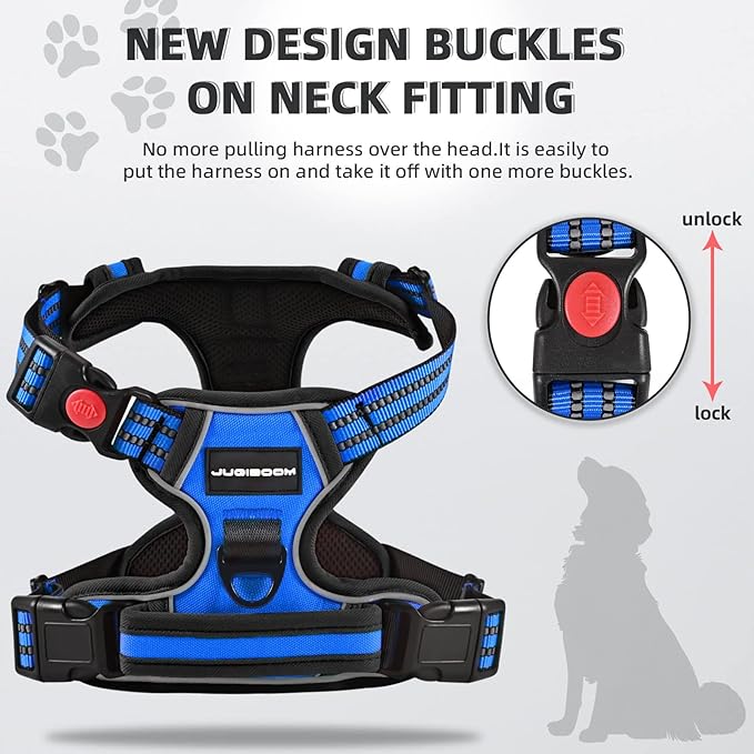 No Pull Dog Harness with A Free Heavy Duty 5ft Dog Leash, Adjustable Soft Padded Dog Vest, Reflective No-Choke Pet Oxford Vest with Easy Control Handle for Small and Large Dogs (Blue, Large)