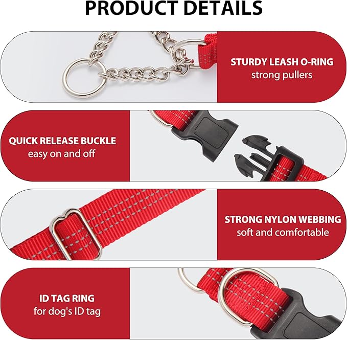Martingale Dog Collar with Quick Release Buckle Steel Chain No Pull Training Reflective Collar for Medium Large Dogs(Red, Medium)
