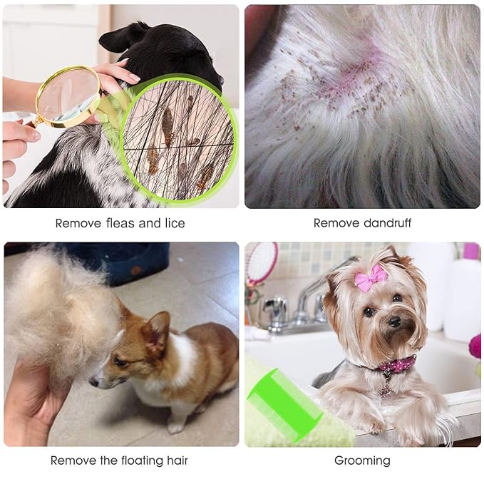 Flea Comb Lice Comb Cat & Dog Pet Grooming Combs Tear Stain Remover Remove Mucus Crust 2-in-1 Metal Round Smooth Teeth Comb Remove Floating Hair Tangles Dander