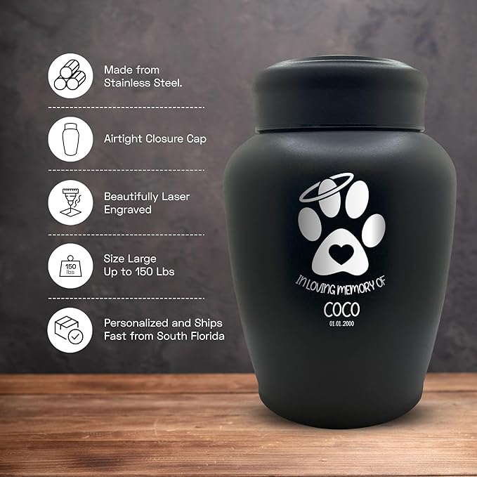 Personalized Custom Dog Urn Engraved Dog Name and Date - Stainless Steel Large Cremation urns for Dogs Ashes with Airtight Closure | up to 150 lbs Capacity | Paw Heart and Halo