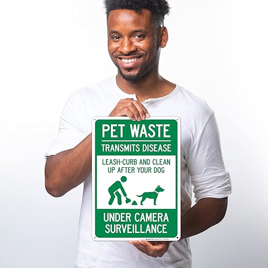 Pet Waste Leash-Curb and Clean Up After Your Dog Under Camera Surveillance Sign, (SI-63188) 10x14 Inches, Rust Free .040 Aluminum, Fade Resistant, Made in USA