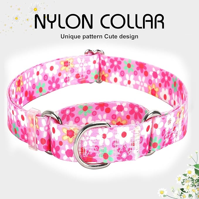 Martingale Collar for Dogs, Pink Flowers Martingale Collar with Adjustable No-Slip Escape Proof Choke No Pull for Small Medium Large Girl Female Dogs Collar L