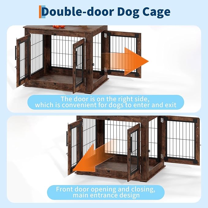 Double-Door Pet Crate Furniture, 31 Inch Indoor Dog House, Heavy Duty Wooden Kennel Side Table with Rustic Brown Finish, Chew-Resistant Dog Cage for Small Medium Dogs, Decorative End Table for Bedroom