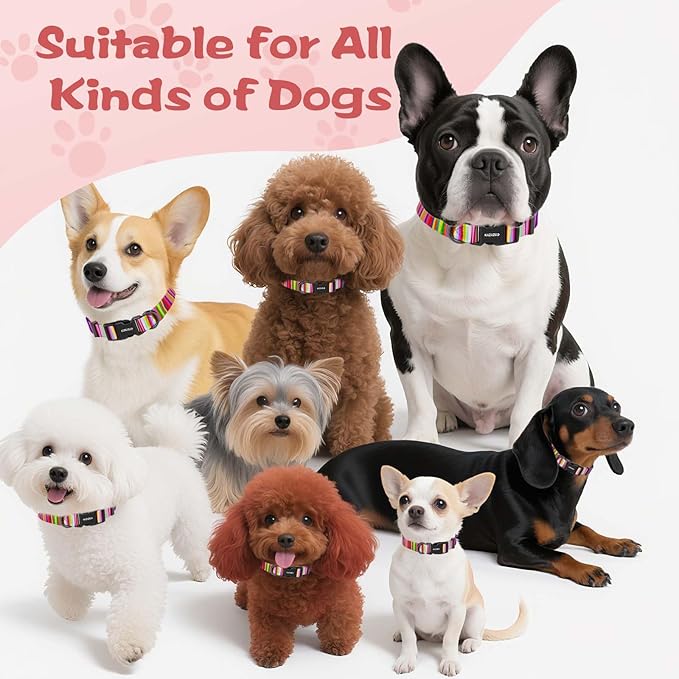 Kazazoo Dog Collar Cute and Soft Nylon Puppy Collar for Boy and Girl, Adjustable Dog Collars for Medium Large Dogs, Rainbow-L