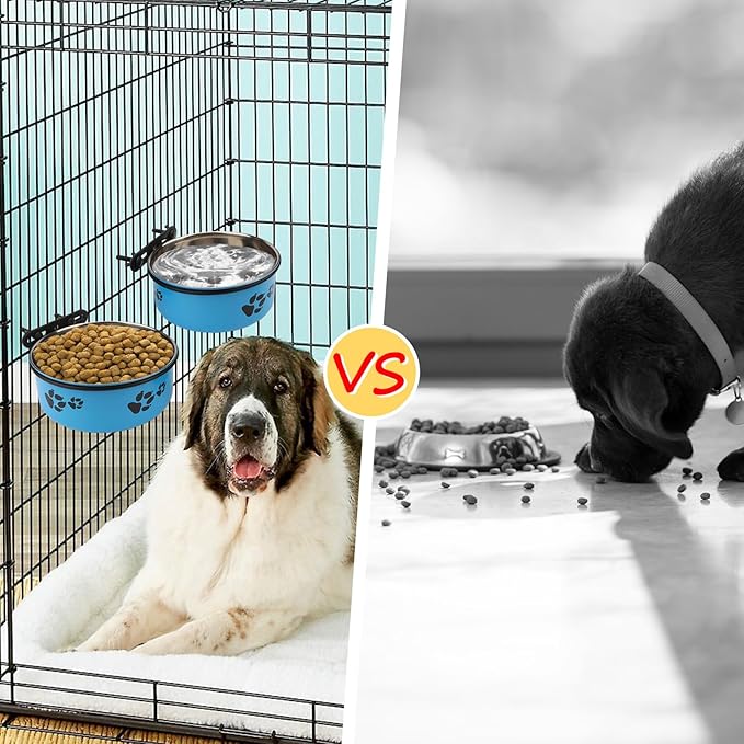 Stainless Steel Dog Crate Bowls Hanging No Spill 2 PCS - Adjustable Mountable Kennel Bowls for Medium/Large Dogs, Anti Spill Water & Food Bowl Set (Blue, M(5.5"+6.3"))