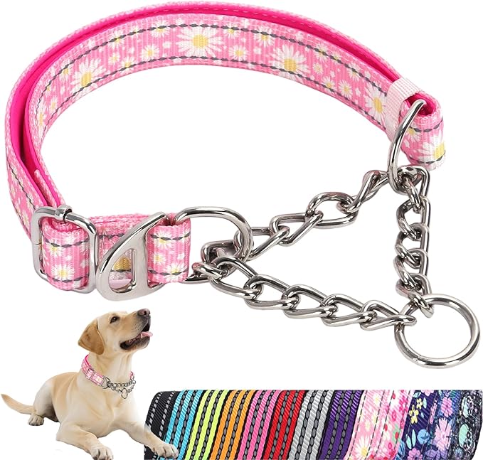 Martingale Dog Collar Pink Daisy No-Slip Dog Collar Adjustable Comfortable Choke Chain Collars for Training & Walks（Pink Daisy XXL