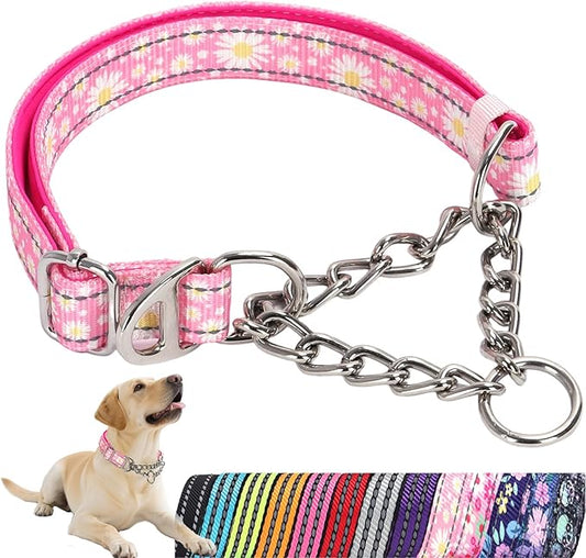 Martingale Dog Collar with Chain,Pink Daisy No-Pull Dog Collar Adjustable Comfortable Reflective Choke Dog Collar for Training & Walks（Pink Daisy Medium