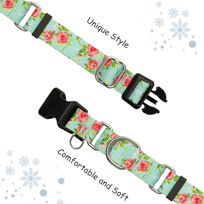 Martingale Collar for Dogs with Buckle Pink Floral Dog Collar No Pull Cute Girl Female Dog Collars for Small Dogs, Green Rose