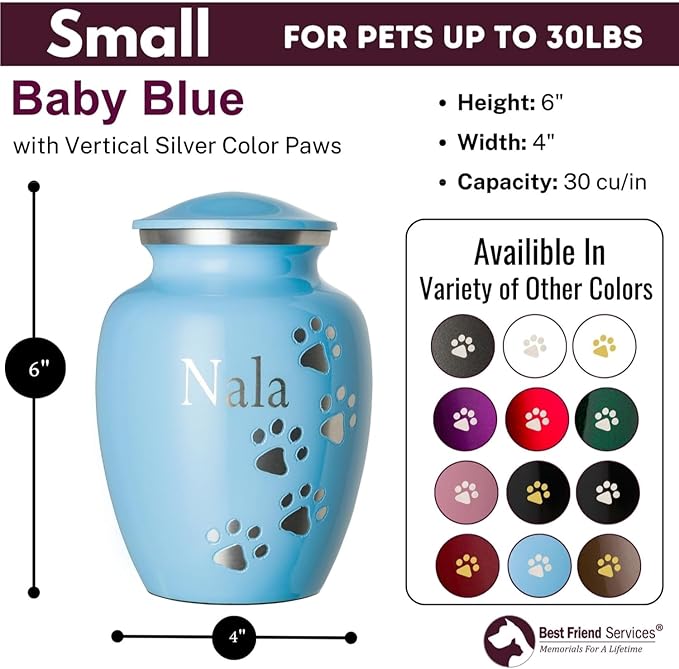 Ottillie Paws Premier Series Pet Urn for Dogs and Cats with Personalized Laser Engraving (Small - Pets up to 25 lbs, Baby Blue with Vertical Pewter Paws)