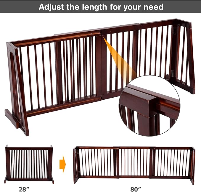PETSITE 28"-80" Adjustable Wooden Pet Dog Gate, Freestanding Step Over Fence for Corridor Doorway Stairs