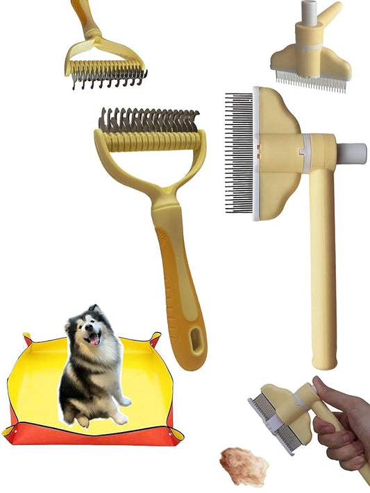3-in-1 Pet Grooming Kit: Detangling Comb & Self-Cleaning Rotating Brush for Dogs Cats - Stainless Steel Teeth, Slicker Brush Alternative, Tangle Remover, Shedding Tool w/Grooming Mat