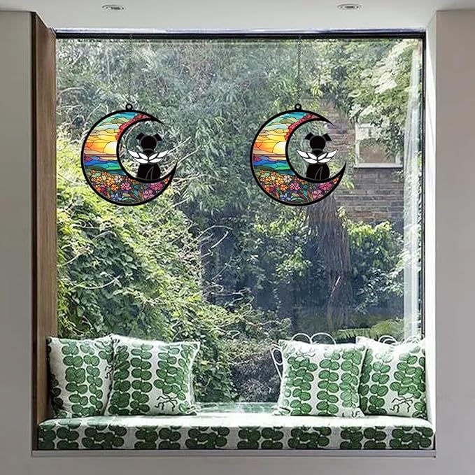 Angel Dog Memorial Suncatcher - Black Angel on Moon, Acrylic Pet Sympathy Gift for Dog Lovers