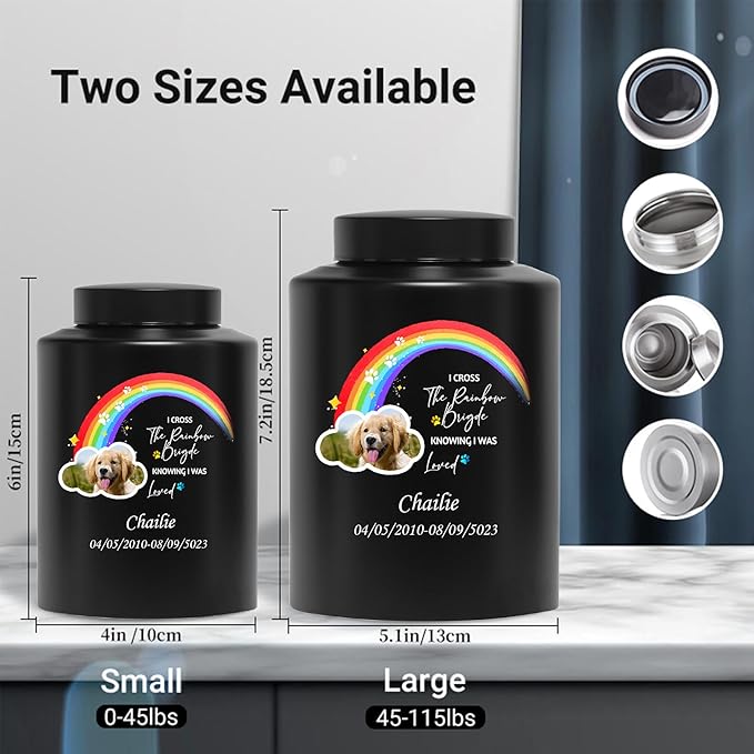 Custom Urns for Dogs Cats Ashes Personalized Memorial Pet Urn with Name and Photo Pet Cremation Urn for Loss of Dog or Cats Engraved Pet Funeral Urn (Rainbow)