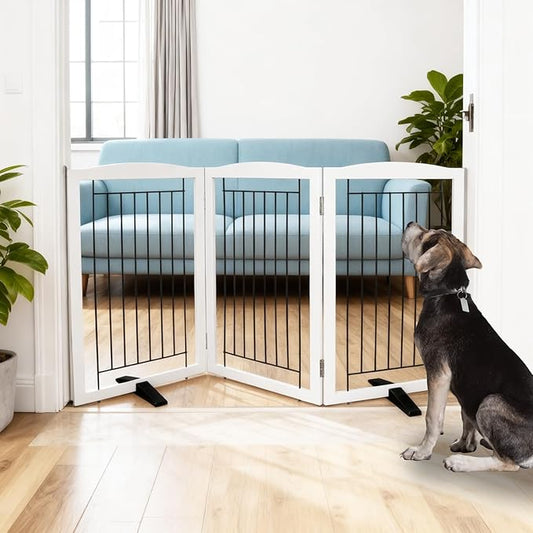 Dog Fence Indoor,Dog Gate Indoor for Doorway pet gate -3-Panel Freestanding, Hallways, House or Stairs -60x32-Inch Retractable Foldable Expandable Wood Pet by SFJC (White) ﻿