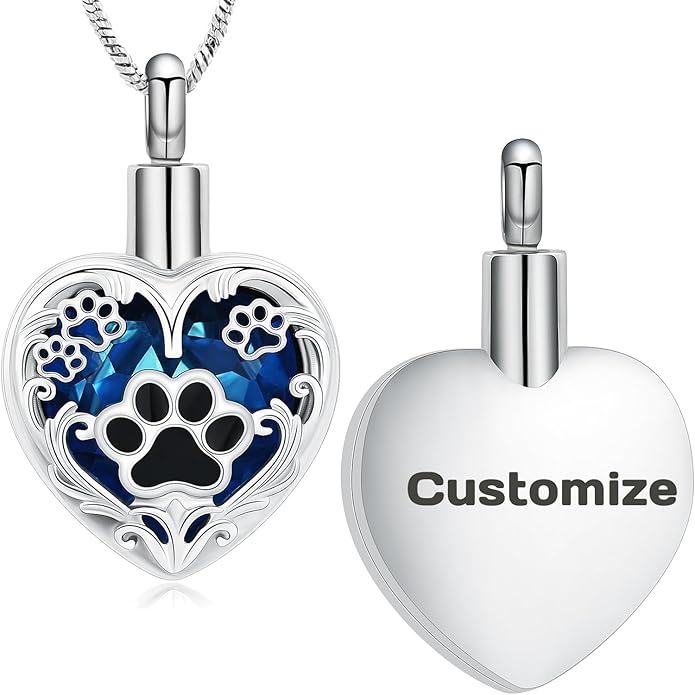 Heart Urn Necklace For Ashes Birthstone Pet Memorial Jewelry Dog Paw Print Cremation Pendant Stainless Steel Keepsake Gift For Pet Lovers