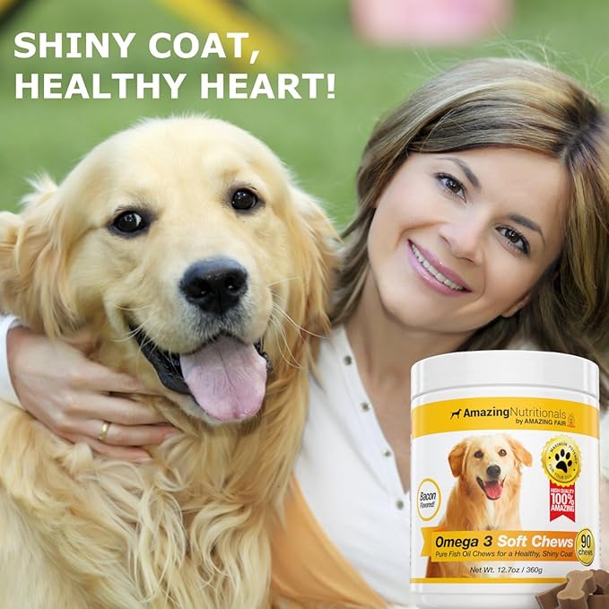 Amazing Omega 3 for Dogs - Omega 3 Fish Oil for Dogs Supplement for Itchy Skin Relief for Dry Skin and Hot Spots and Shedding Coat with EPA and DHA Fatty Acids - 90 Bacon Soft Chews