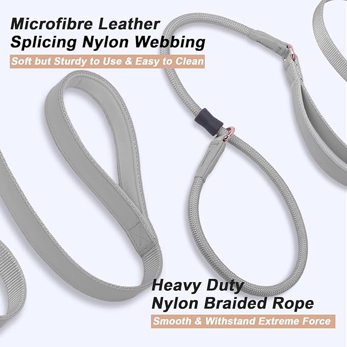 Slip Lead Dog Leash, Double Handle, Soft Leather, Heavy Duty Nylon, No Pull Walking, Grey, 5ft