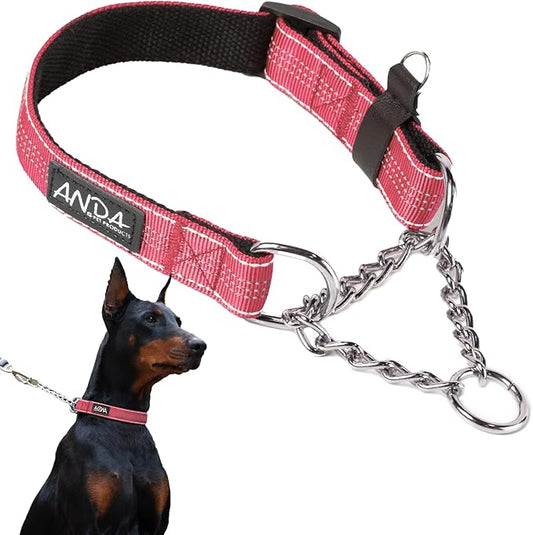 ANDA Martingale Collar for Dogs, Adjustable with Reflective Stainless Steel Chain, No-Pull Escape-Proof Training Collar for Medium and Large Breeds (Red, Medium)