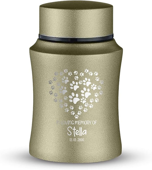 Customized Small Keepsake Urn Personalized Engraved with Pet Name, Date, and Dog Design - 4" Powder Coated Cremation Mini Compact Urn for Dogs Ashes | 5–10 Lbs Capacity | Washed Gold, Paw Print Heart