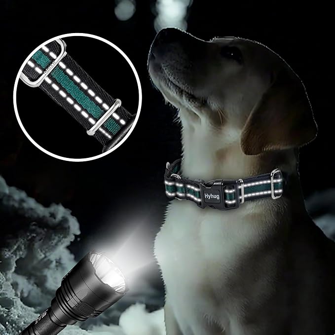 Hyhug Reflective Martingale Dog Collar Medium Green |Buckle Escape - Proof Heavy Duty Nylon Durable No Slip, Ideal for Training & Daily Walks